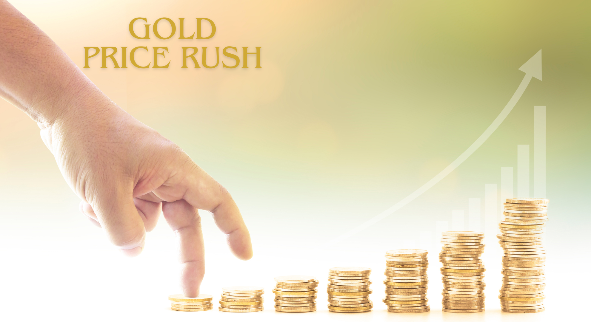 Gold coins stacked in ascending order with a rising market chart and 'Gold Price Rush' text in the background – symbolizing the surge in gold prices in 2025.