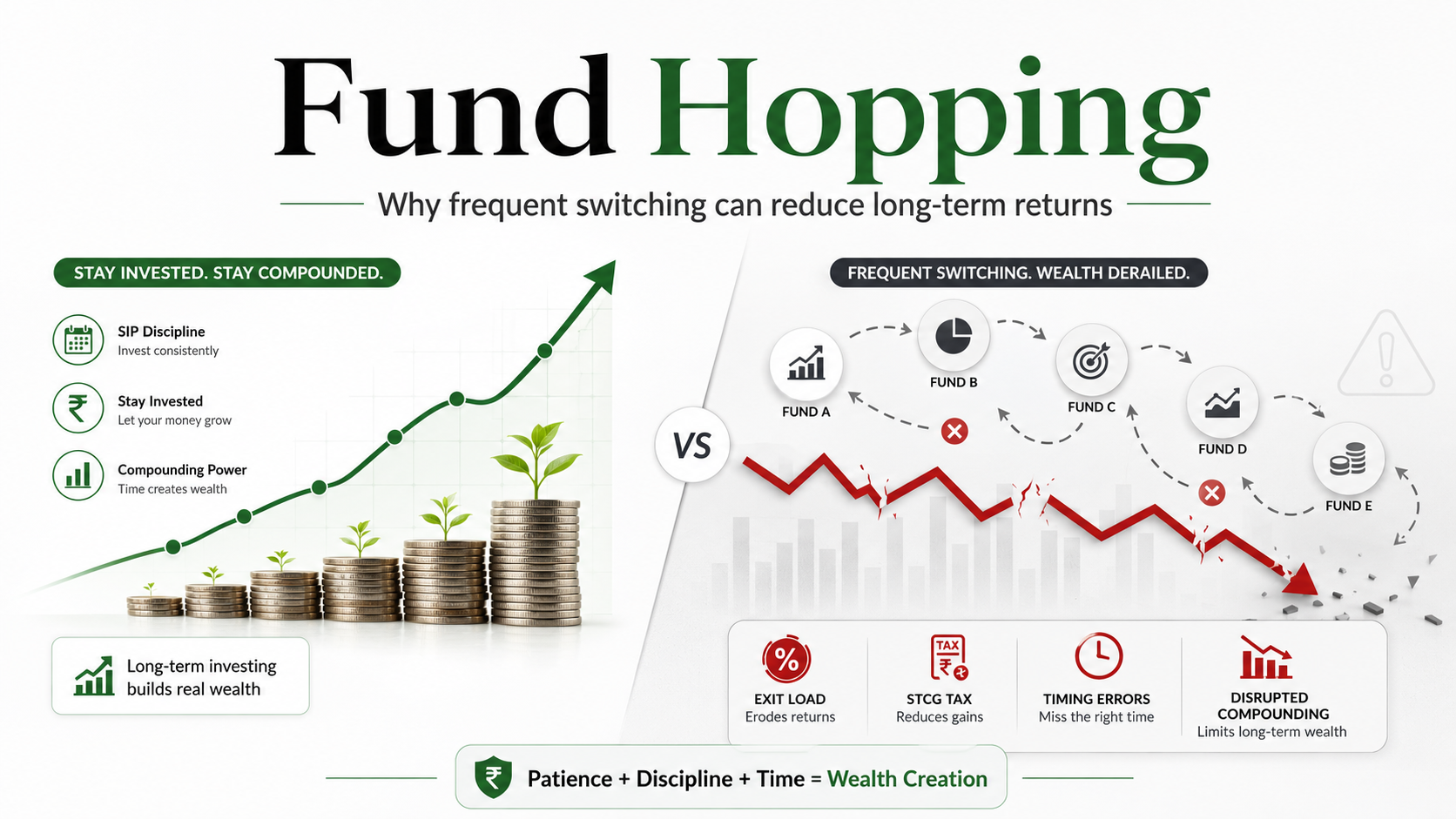 Blog cover image showing fund hopping in mutual funds, comparing disciplined long-term investing with frequent switching that may reduce returns through exit load, STCG tax, timing errors, and disrupted compounding.