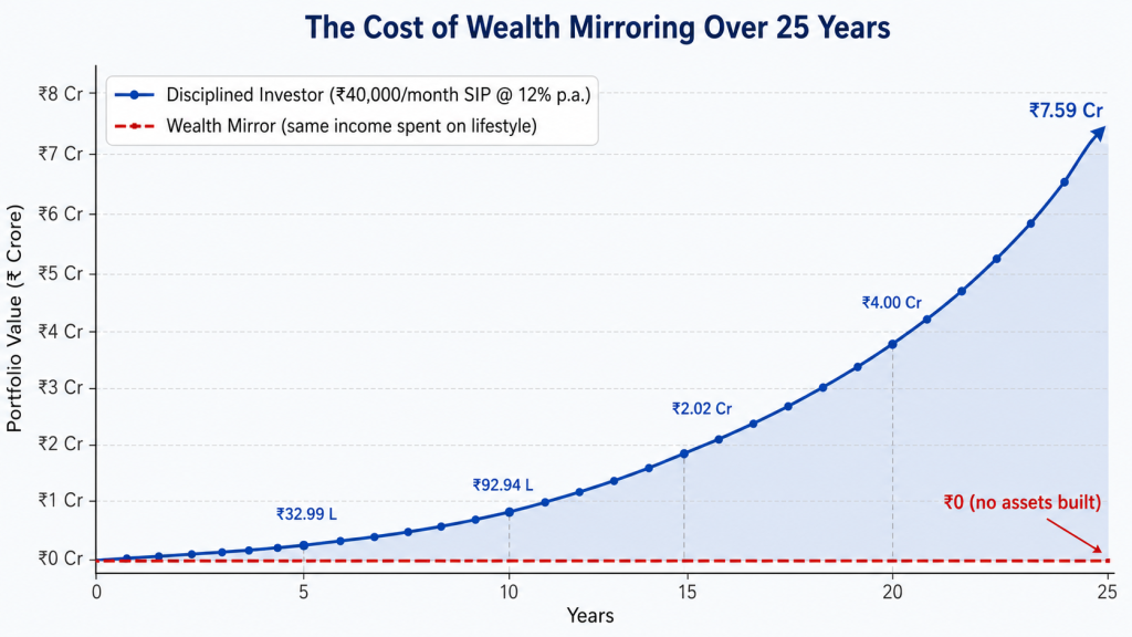 Wealth mirroring chart showing a ₹40,000 monthly SIP growing to ₹7.59 crore over 25 years at an assumed 12% return.