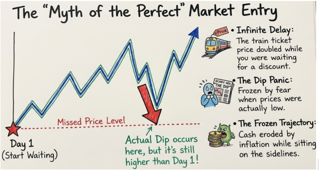 Illustration explaining the myth of perfect market entry and how waiting for a market dip can lead to missed investment opportunities.