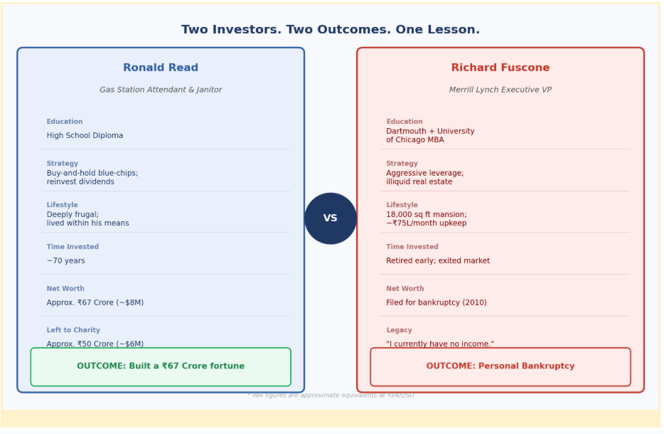 Comparison of Ronald Read and Richard Fuscone showing how disciplined long-term investing built wealth while leverage and lifestyle spending led to bankruptcy.