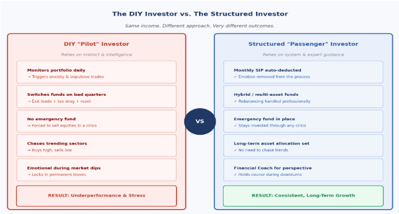 DIY investor versus structured investor comparison showing how emotional investing can lead to stress while disciplined SIP investing supports long-term growth.
